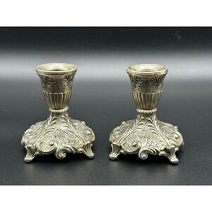 Vintage Ornate Silver Tone Candle Holders Pair Made in Japan Baroque 3.5" Set